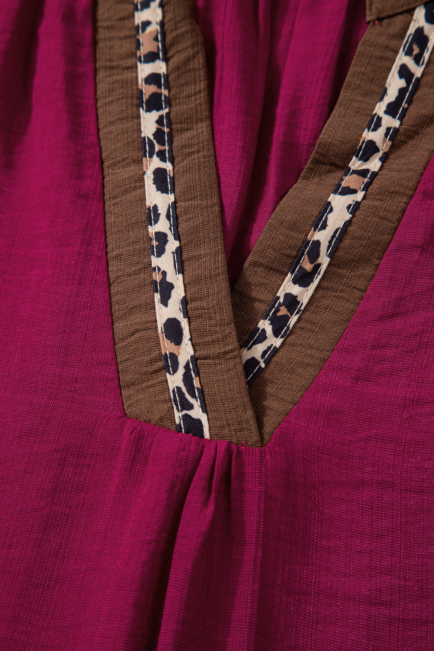 Dirty blue Leopard Trim V Neck Flounced Bracelet Sleeve Blouse - loveforevers