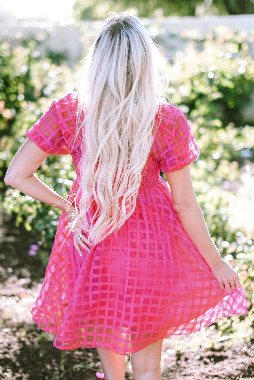 Strawberry Pink Checkered Puff Sleeve Babydoll Dress - loveforevers