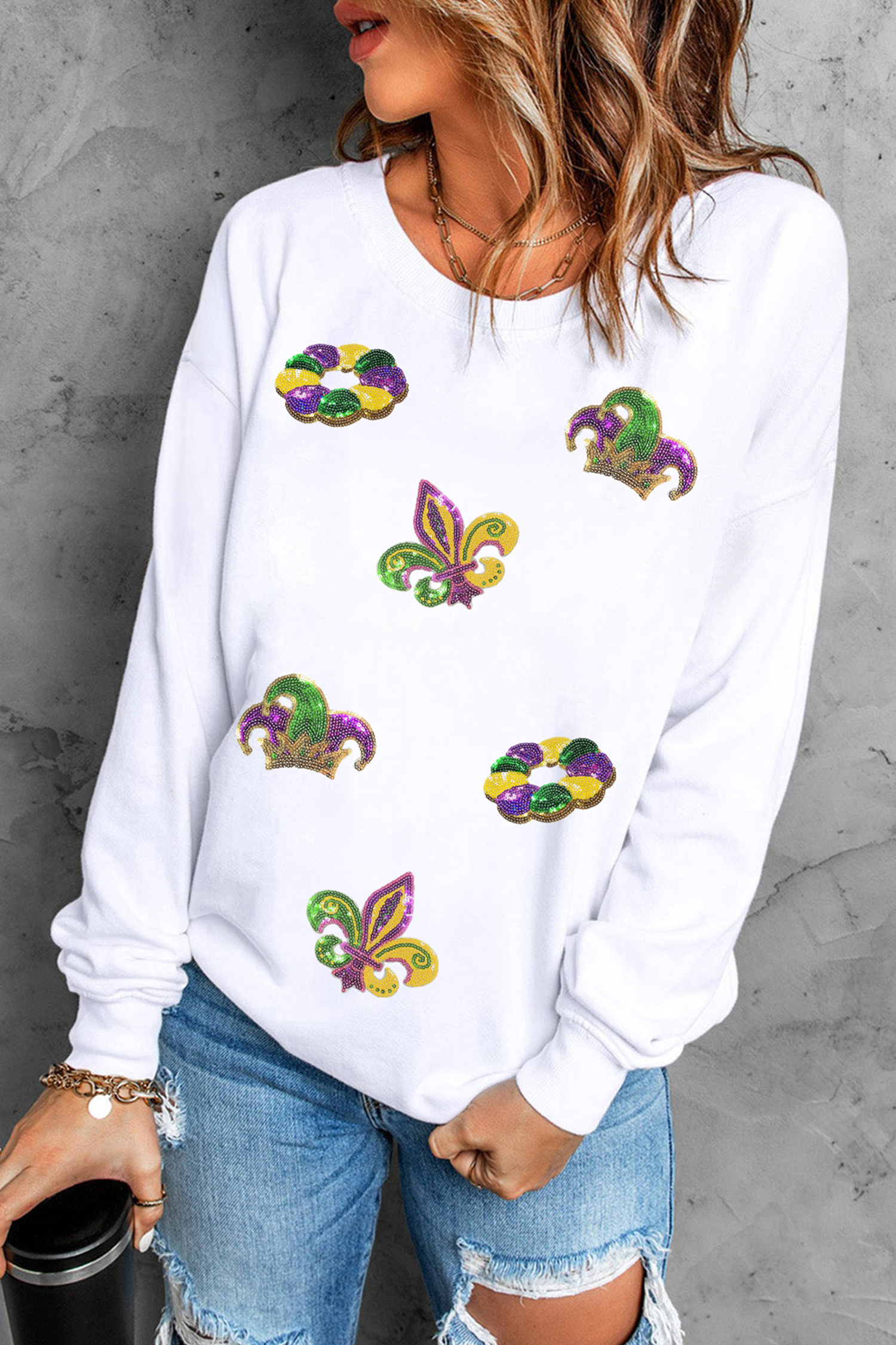 White Mardi Gras Sequin Crown Fleur De Lis Pullover Sweatshirt - loveforevers