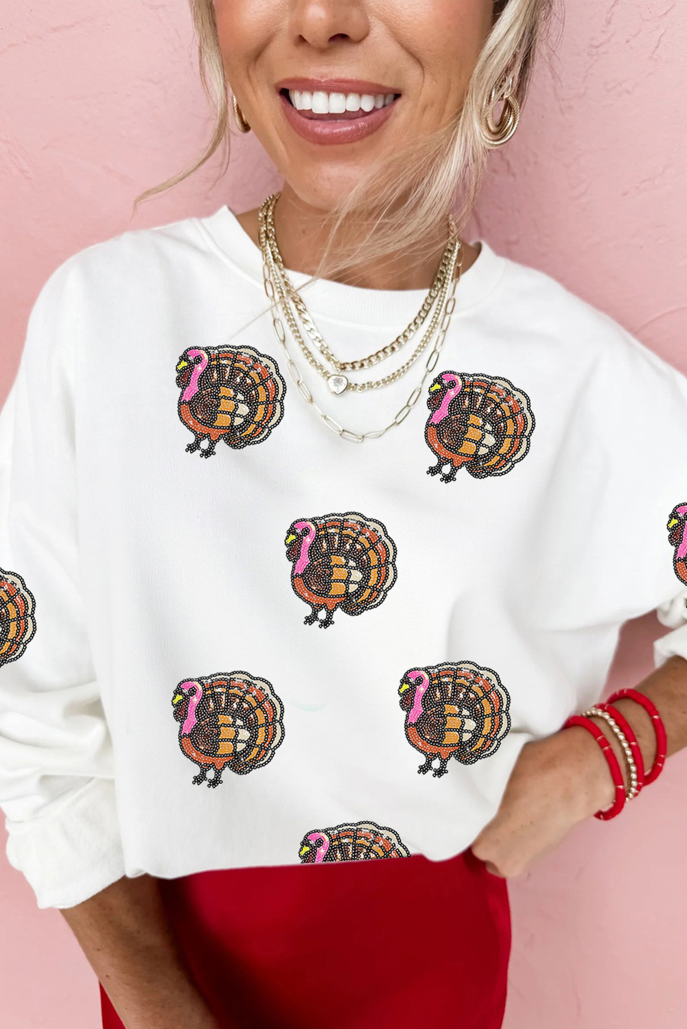 White Thanksgiving Turkey Sequin Patched Pullover Sweatshirt - loveforevers