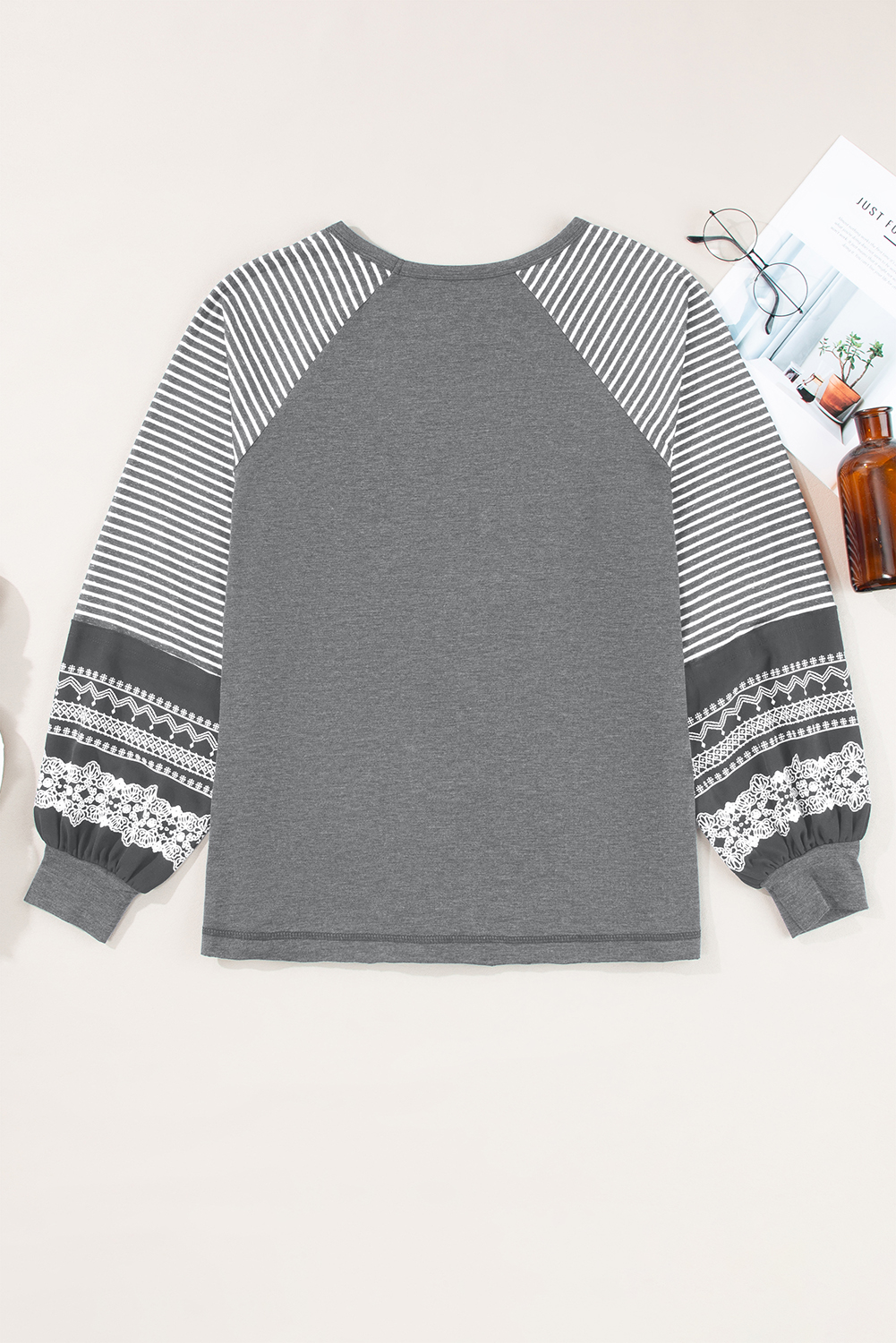 Tillandsia Purple Contrast Print Striped Raglan Long Sleeve Loose Top - loveforevers