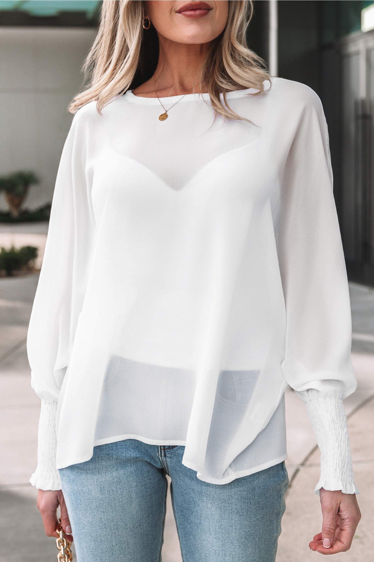 White Smocked Cuffs Semi Sheer Long Sleeve Dolman Blouse - loveforevers