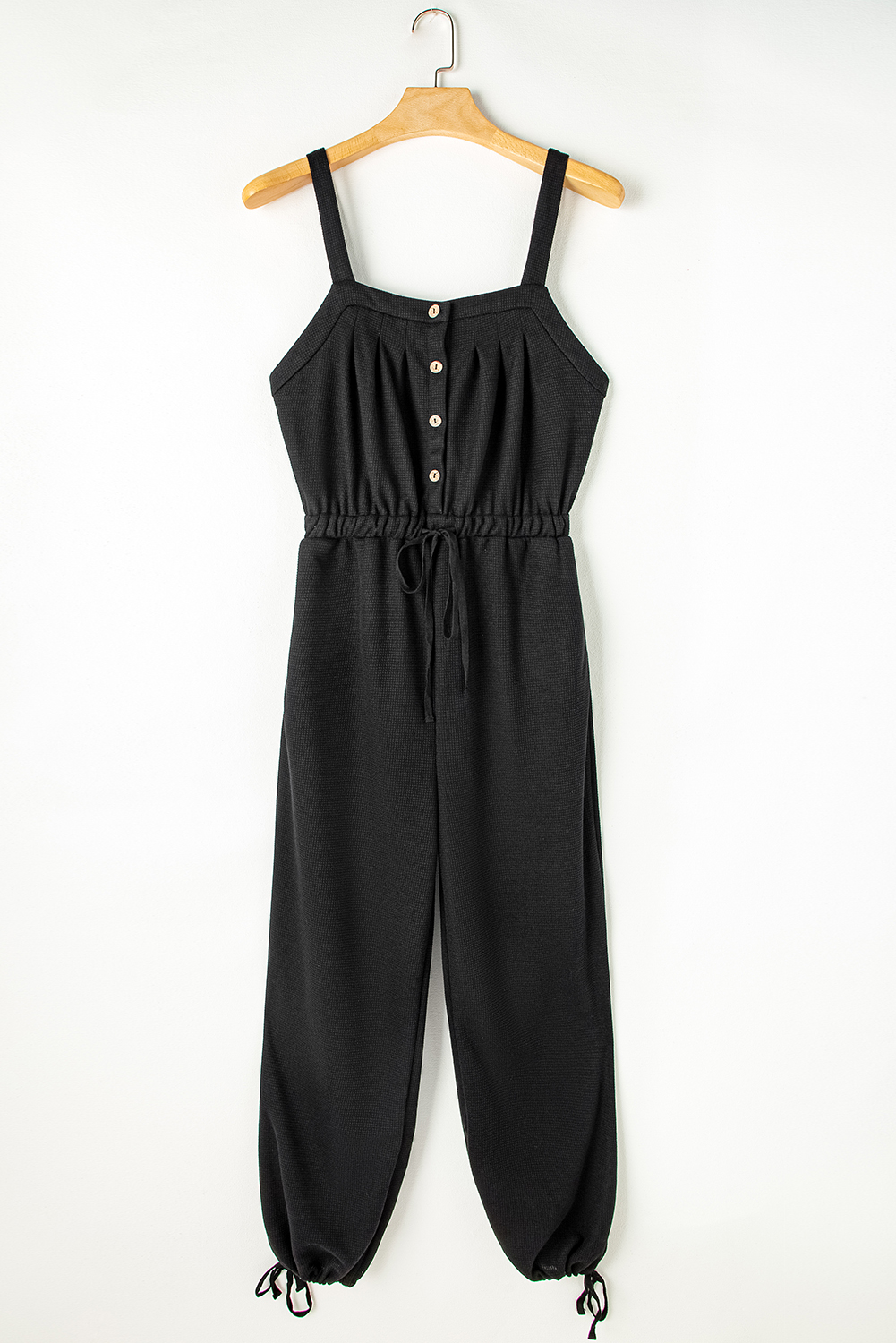 Black Knotted Straps Button Textured Drawstring Jumpsuit - loveforevers
