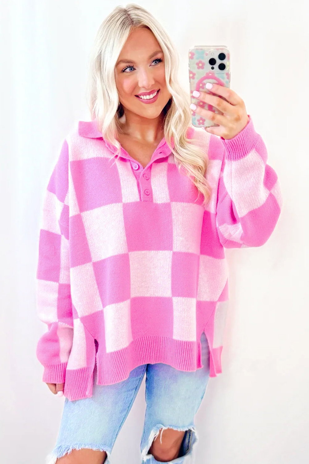 Pink Checkerboard Half Button Collared Drop Shoulder Sweater - loveforevers