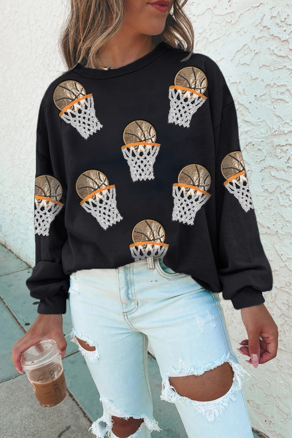 Black Sequin Basketball Patched Graphic Game Day T Shirt - loveforevers