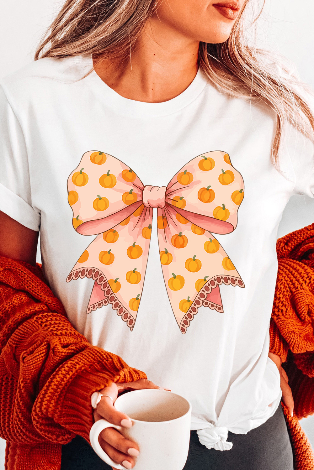 White Pumpkin Bow Print Thanksgiving T Shirt - loveforevers