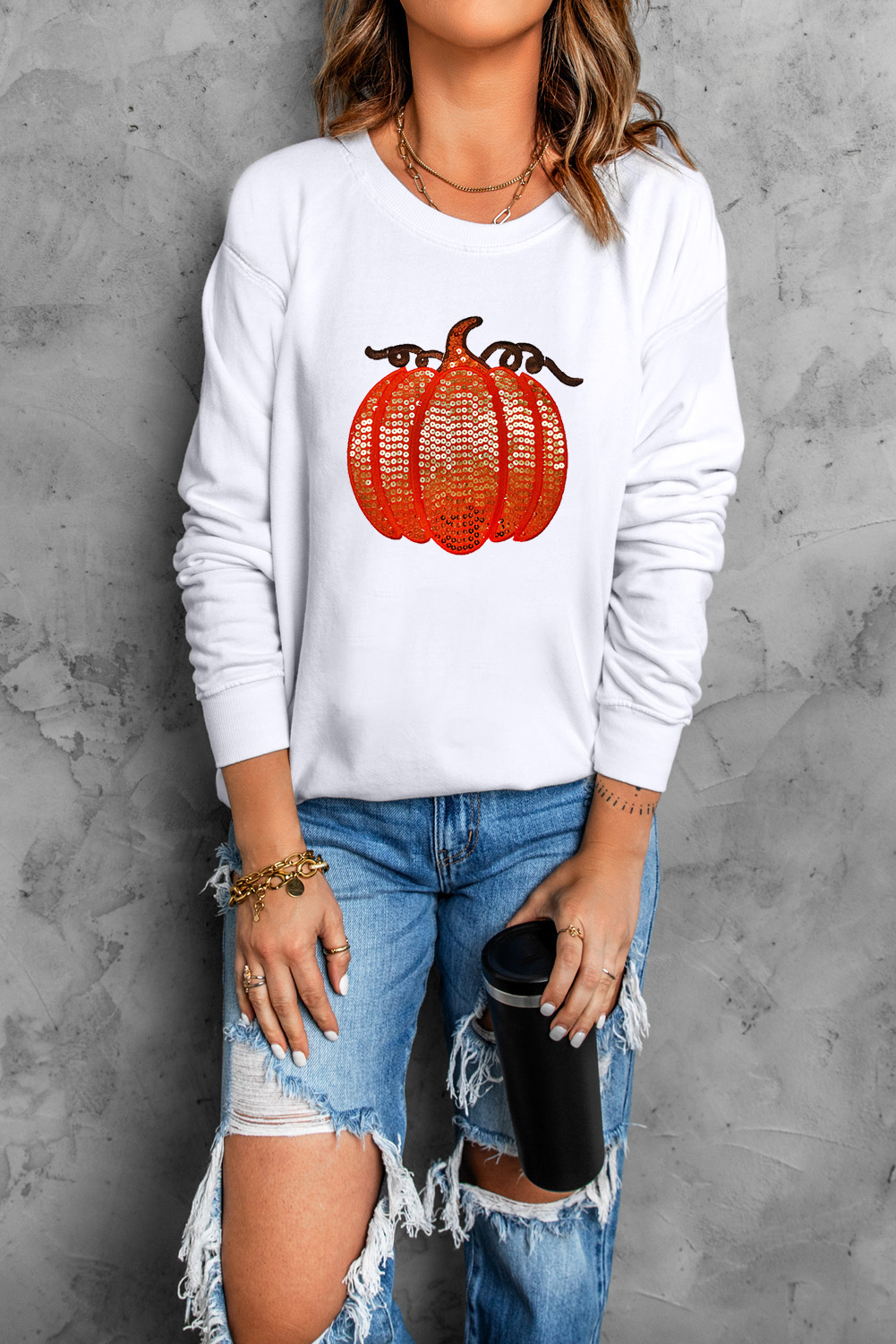 White Sequin Pumpkin Patched Casual Pullover Graphic Sweatshirt - loveforevers