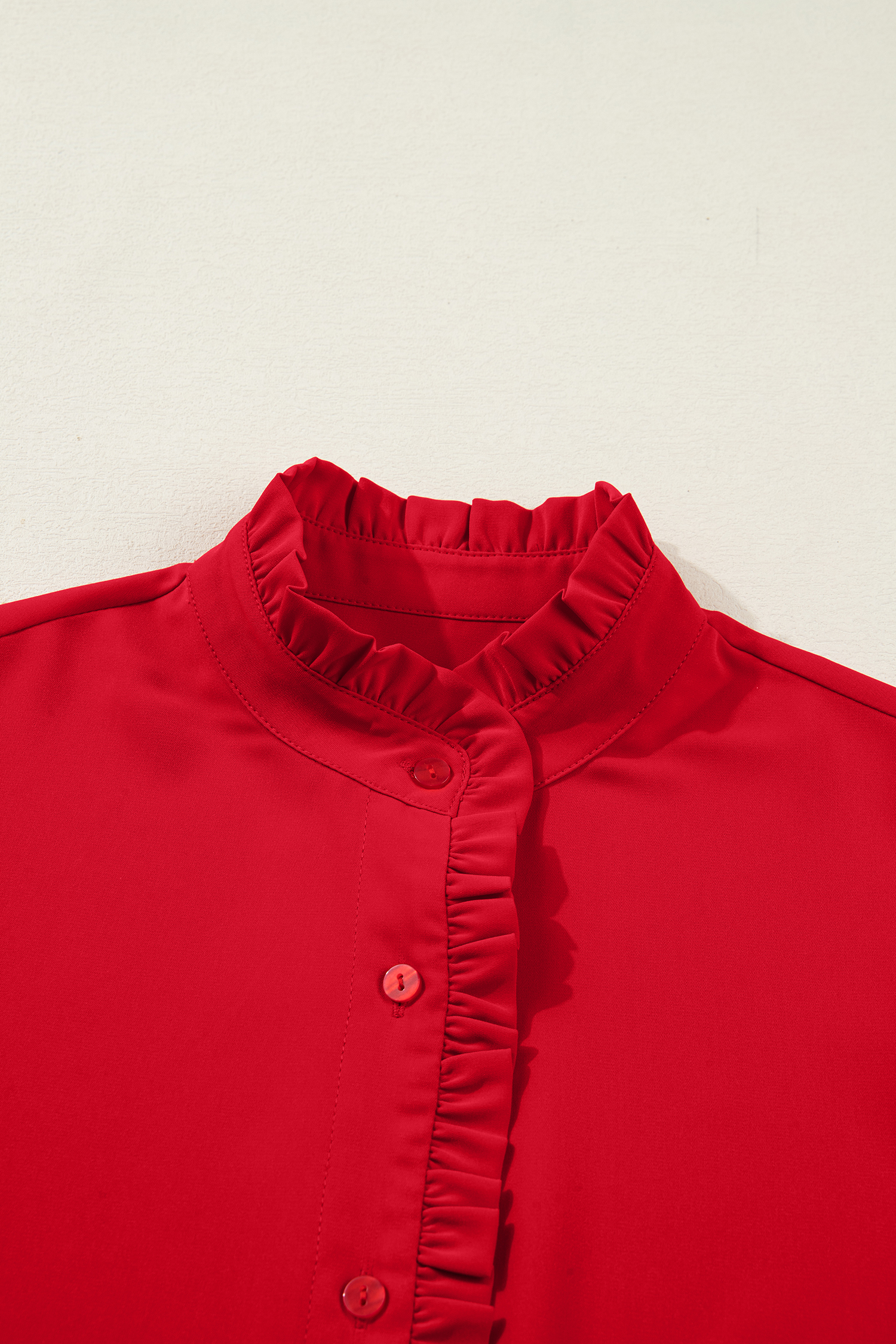 Fiery Red Frilled Trim Button Up Pleated Long Sleeve Shirt - loveforevers
