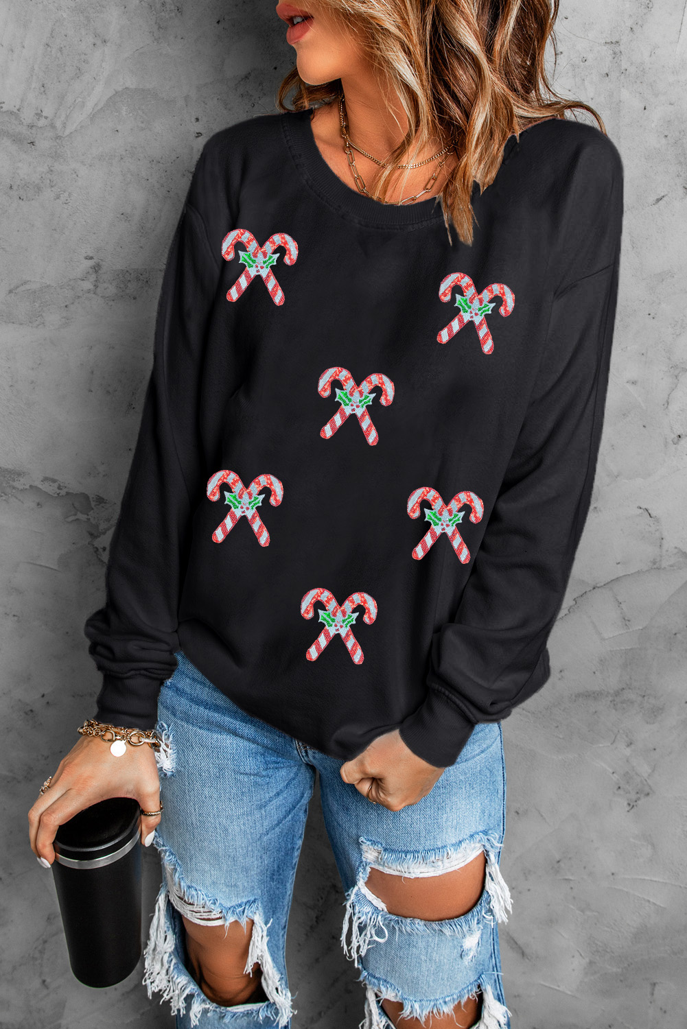 Black Candy Cane Patched Christmas Holiday Sweatshirt - loveforevers