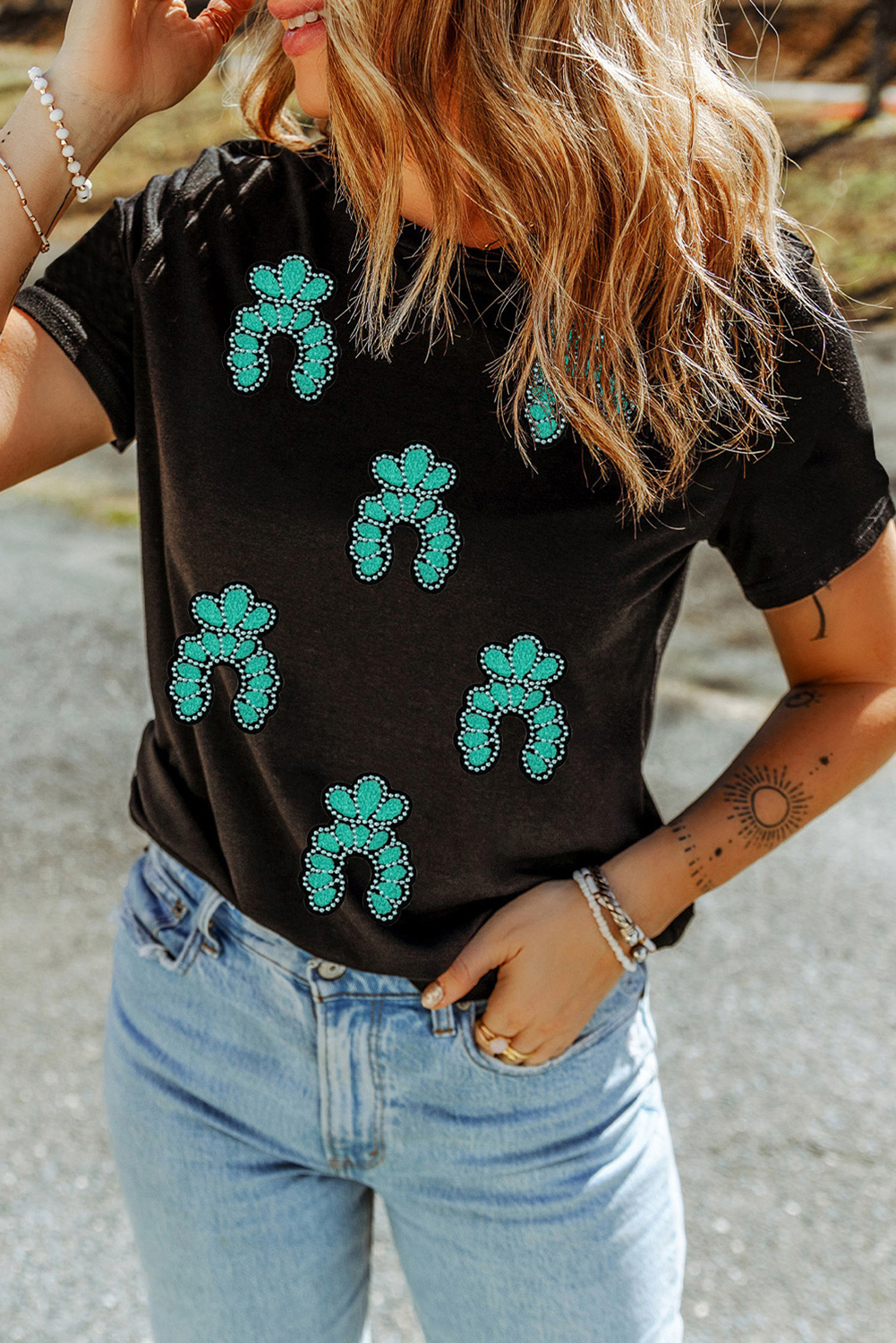 Black Western Turquoise Pattern Sequin Patched T Shirt - loveforevers