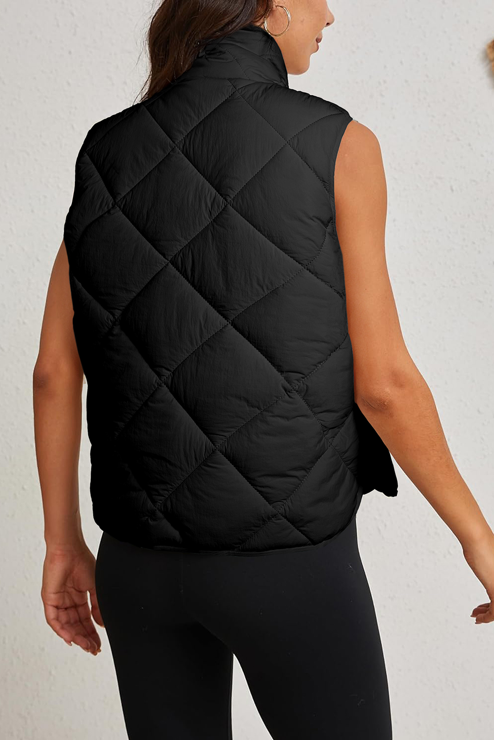 Beige Quilted High Neck Button Up Pocket Vest Coat - loveforevers