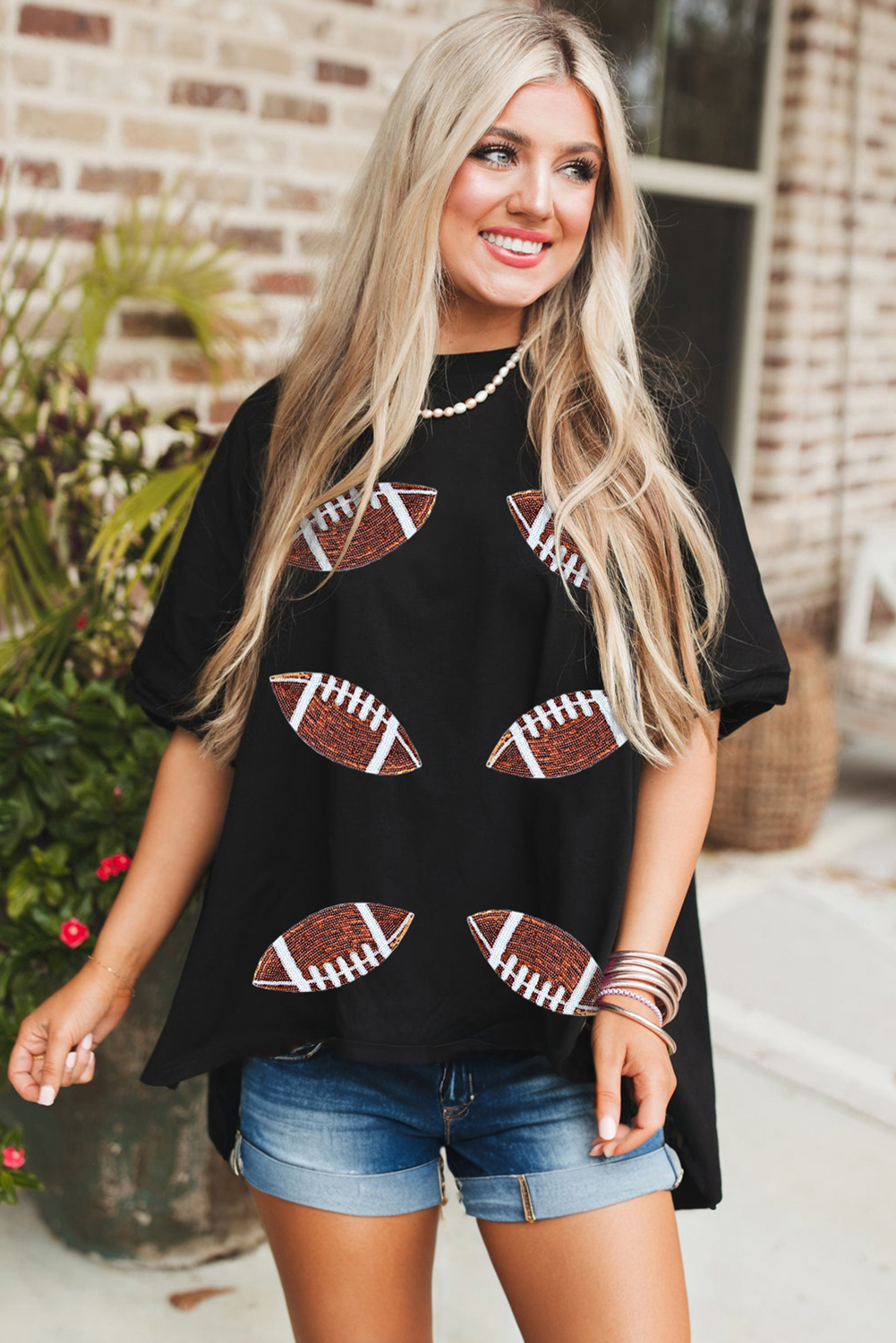 Black Sequin Rugby Football Patched Crewneck Loose T Shirt - loveforevers