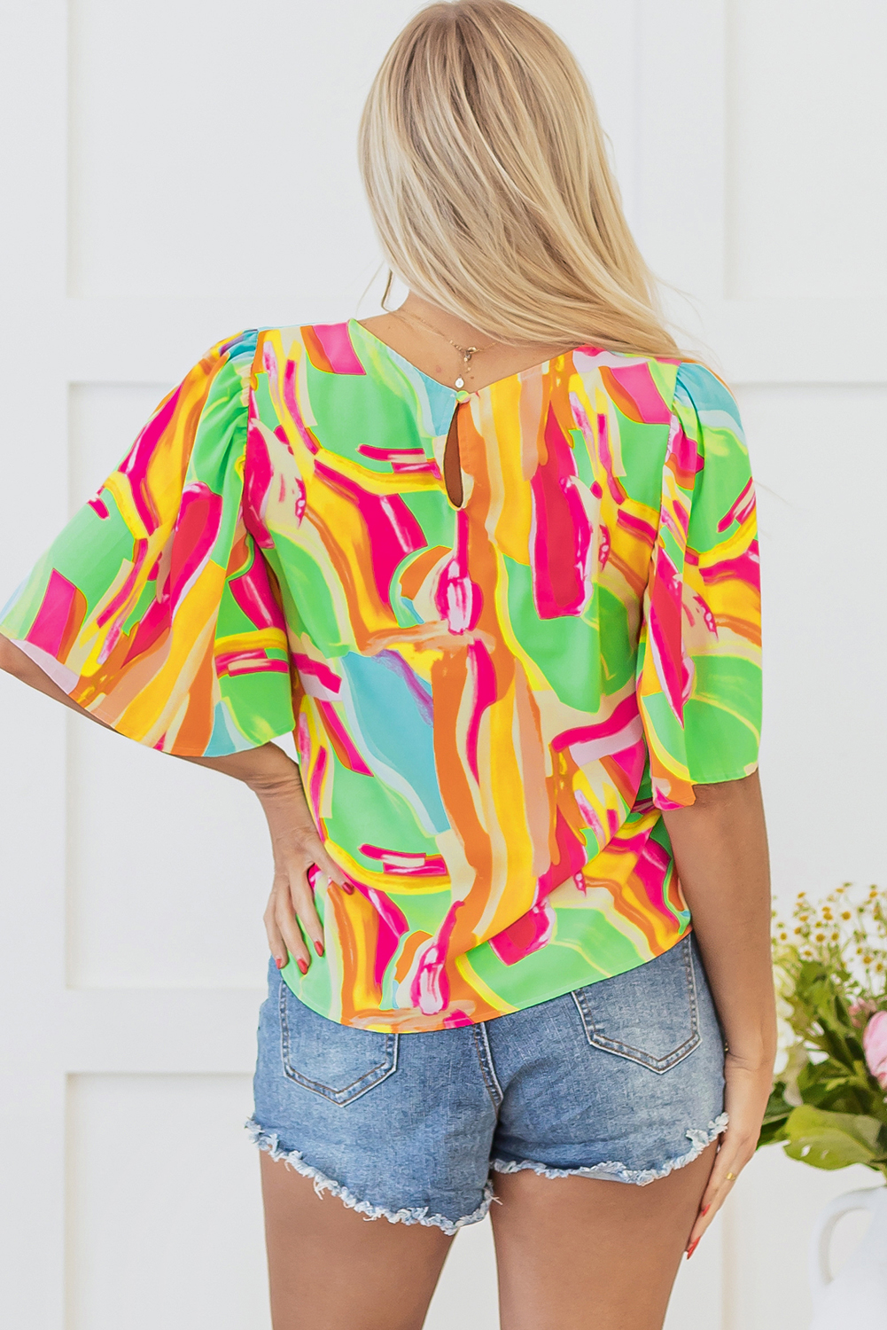 Multicolour Abstract Print Keyhole Back Pleated Half Sleeve Blouse - loveforevers