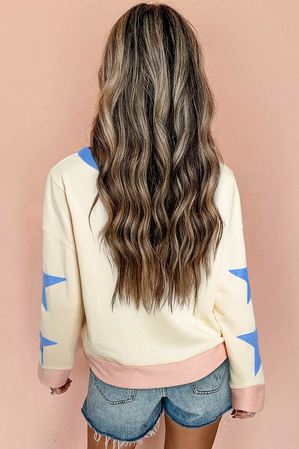 Beige Sequin Rugby Graphic Starry Patched Contrast Trim Game Day Sweatshirt - loveforevers