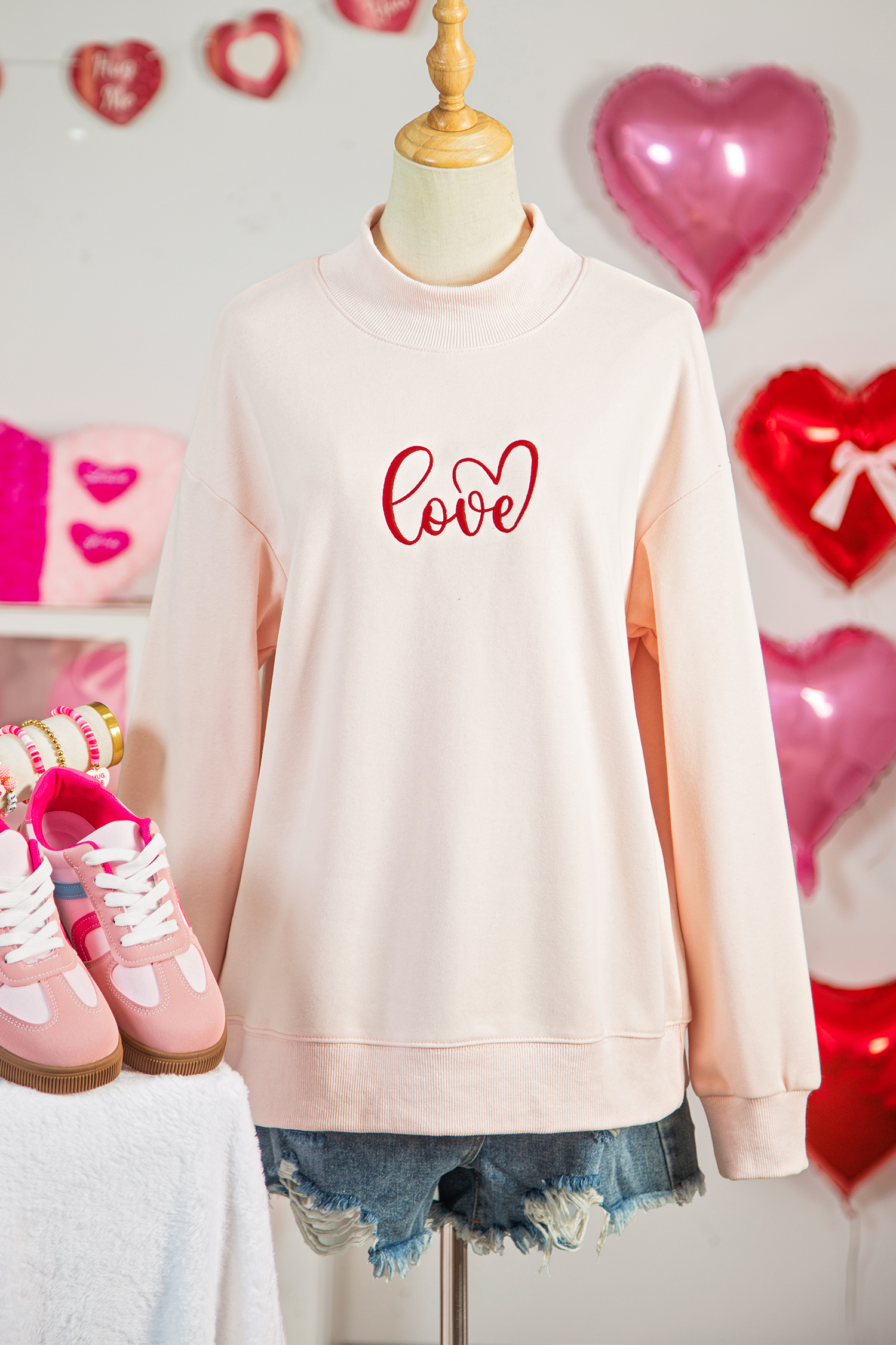 Apricot Pink Mock Neck Love Letter Embroidered Valentines Day Sweatshirt - loveforevers
