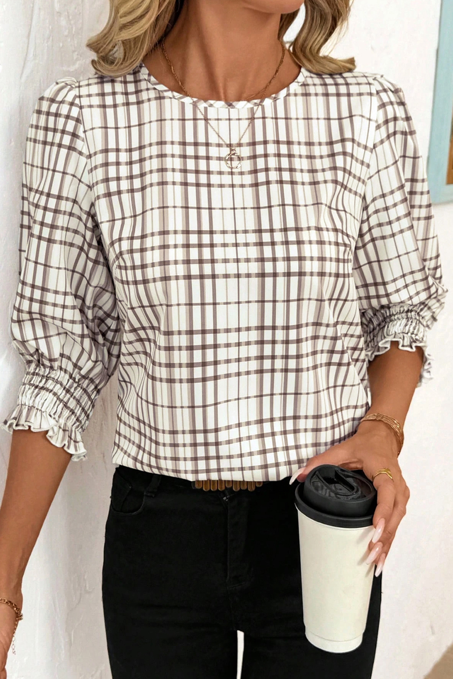 White Plaid Print Frilled Puffy Half Sleeve Blouse - loveforevers