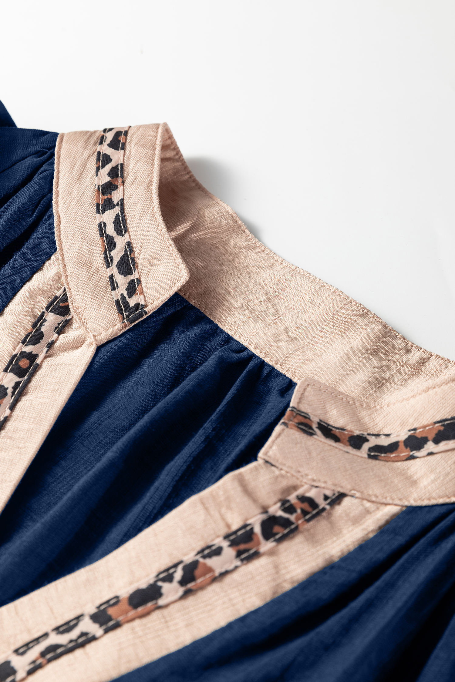 Dirty blue Leopard Trim V Neck Flounced Bracelet Sleeve Blouse - loveforevers