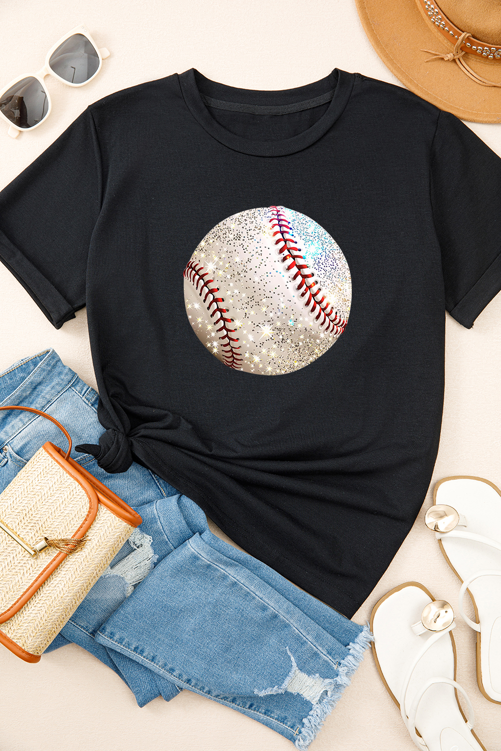 Black Heat Transfer Baseball Print Cotton Blend T Shirt - loveforevers