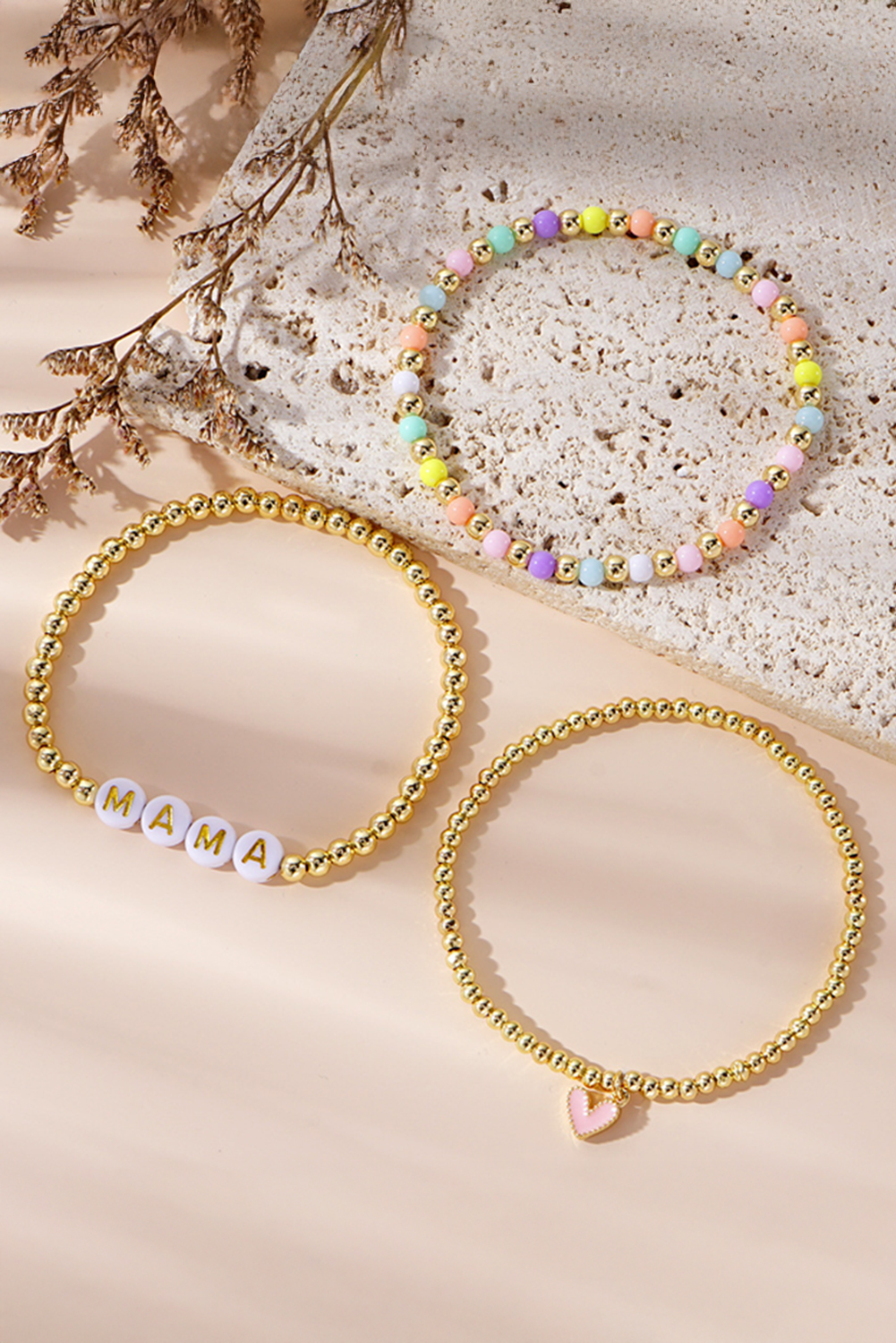 Gold MAMA Heart Beaded Multi Layer Stretch Bracelet - loveforevers