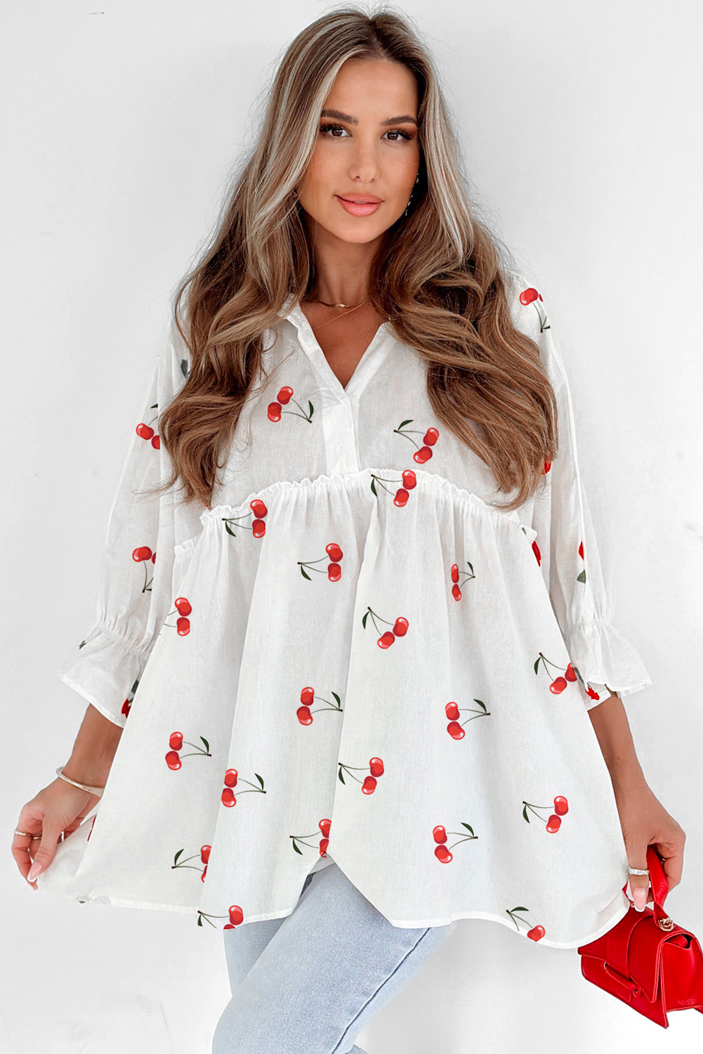 White Cherry Print Flounce Sleeve Collared Frilled Babydoll Blouse - loveforevers