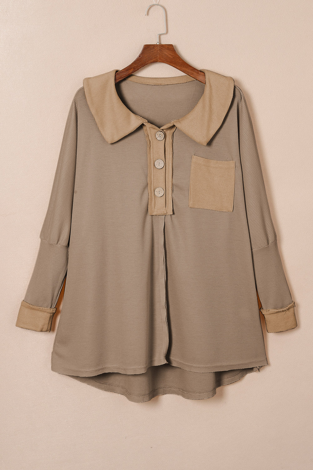 Brown Waffle Knit Buttoned Long Sleeve Top - loveforevers