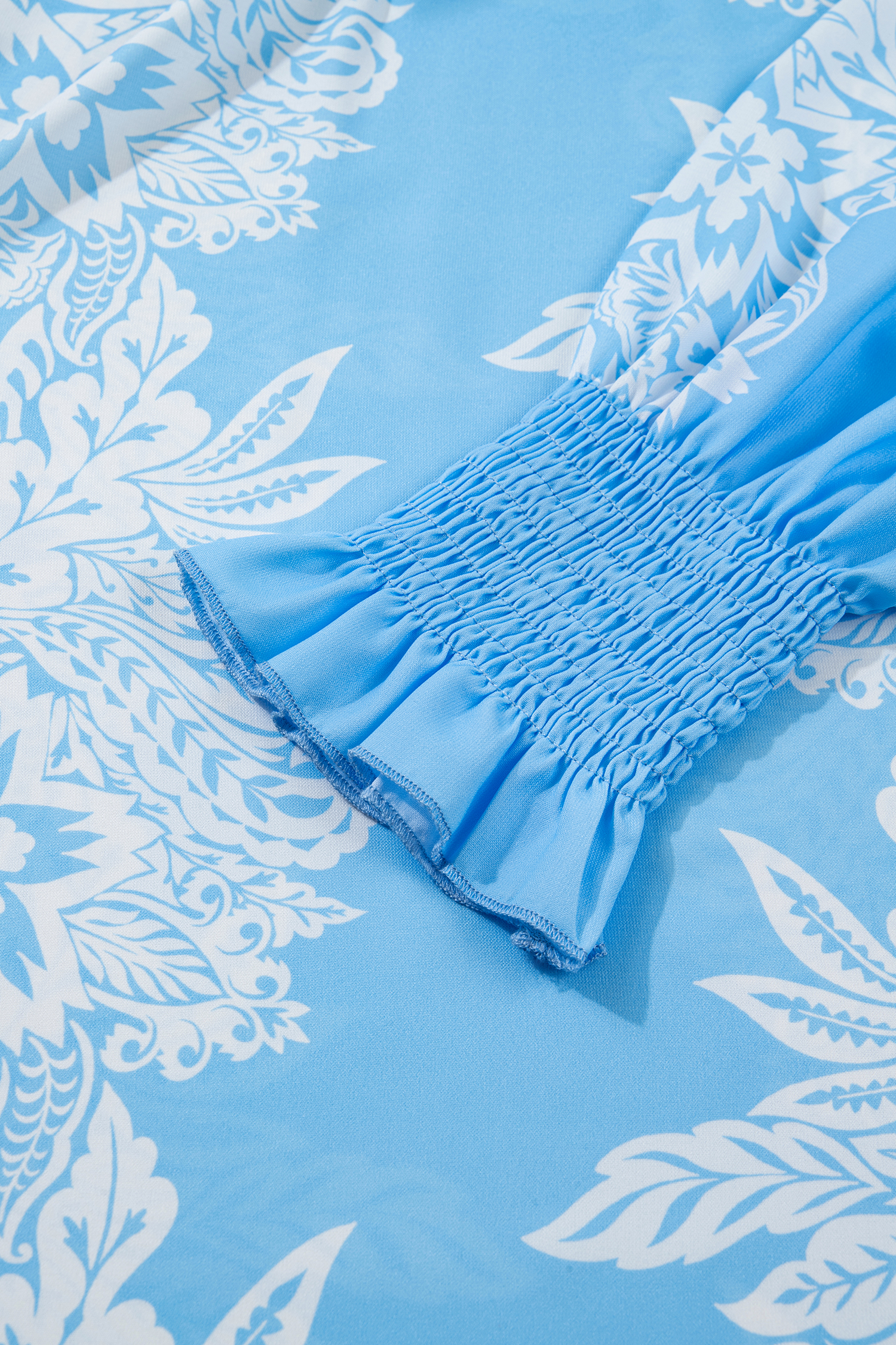 Sky Blue Ruffled Collar Puff Sleeve Flower Blouse - loveforevers
