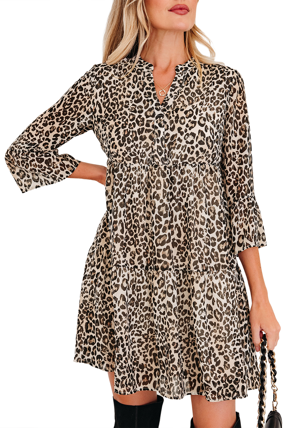 Khaki Leopard 3/4 Sleeve V Neck Swing Dress - loveforevers