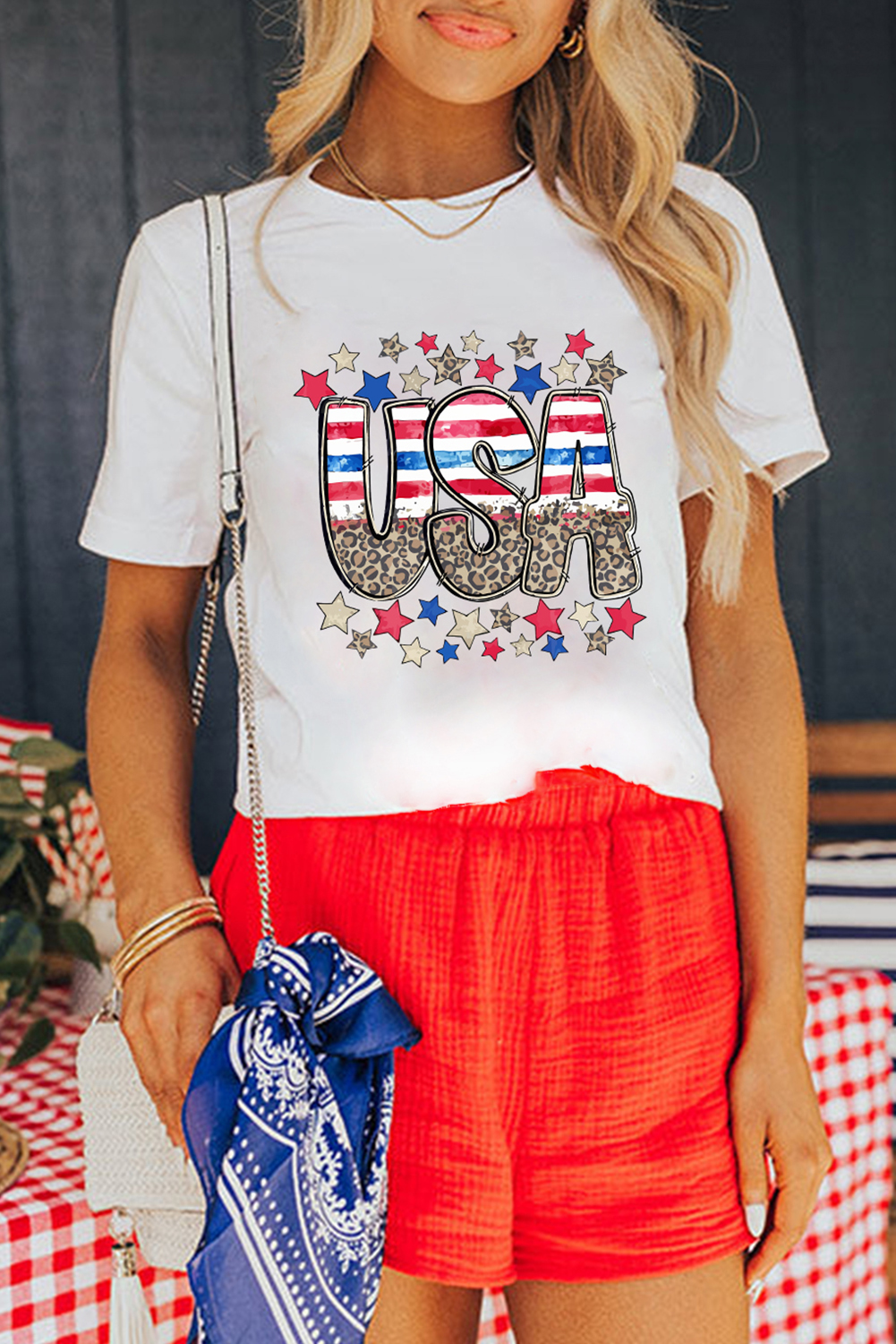 White Patriotic Star Leopard USA Letter Graphic T Shirt - loveforevers