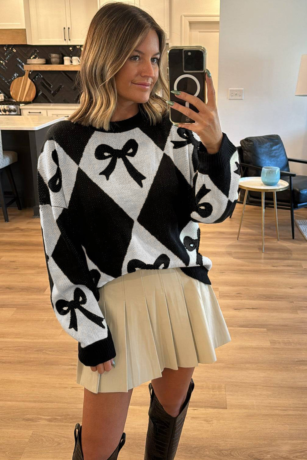 Black Bow Print 2-tone Rhombus Knit Loose Sweater - loveforevers