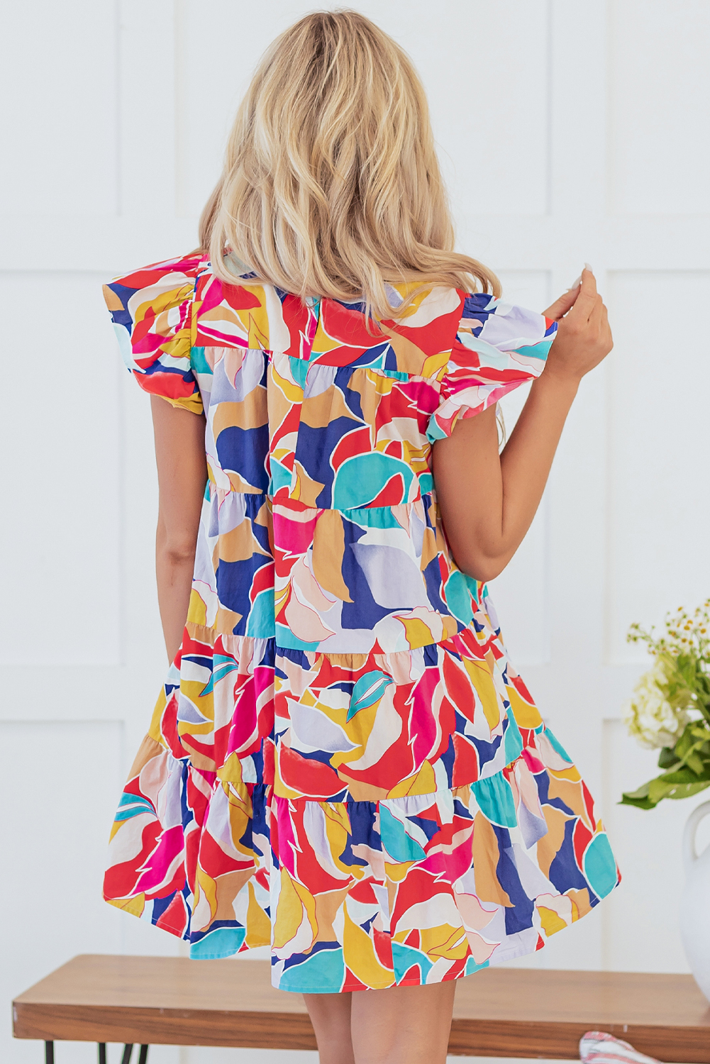 Pink Abstract Printed Ruffled Flutter Sleeve Tiered Mini Dress - loveforevers