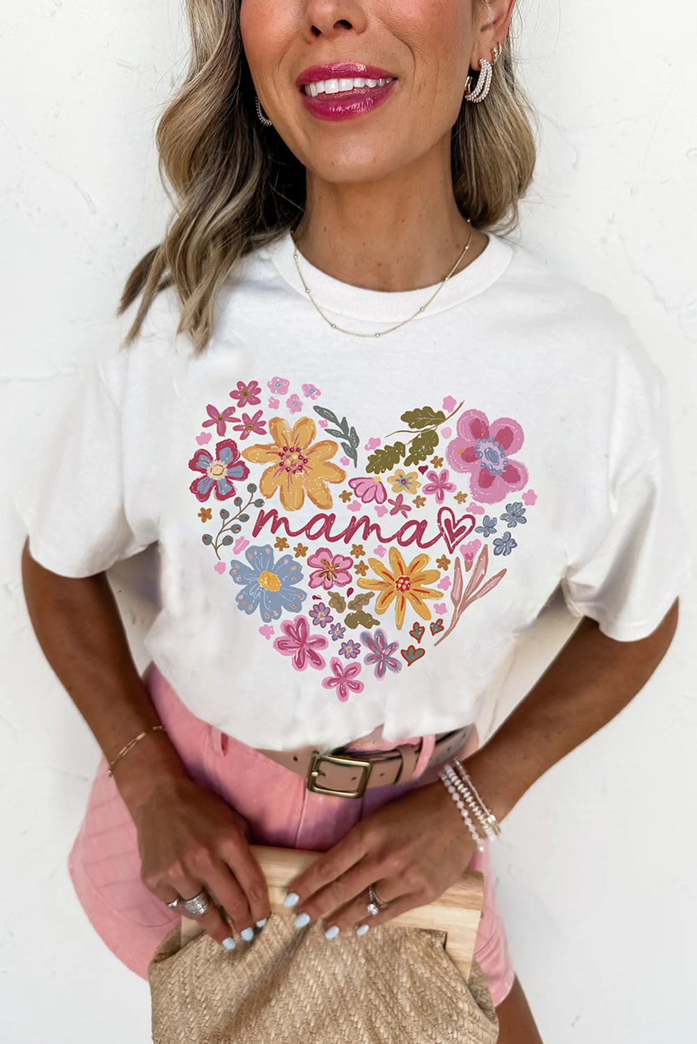 White MAMA Flower Heart Cotton Blend Graphic Tee - loveforevers