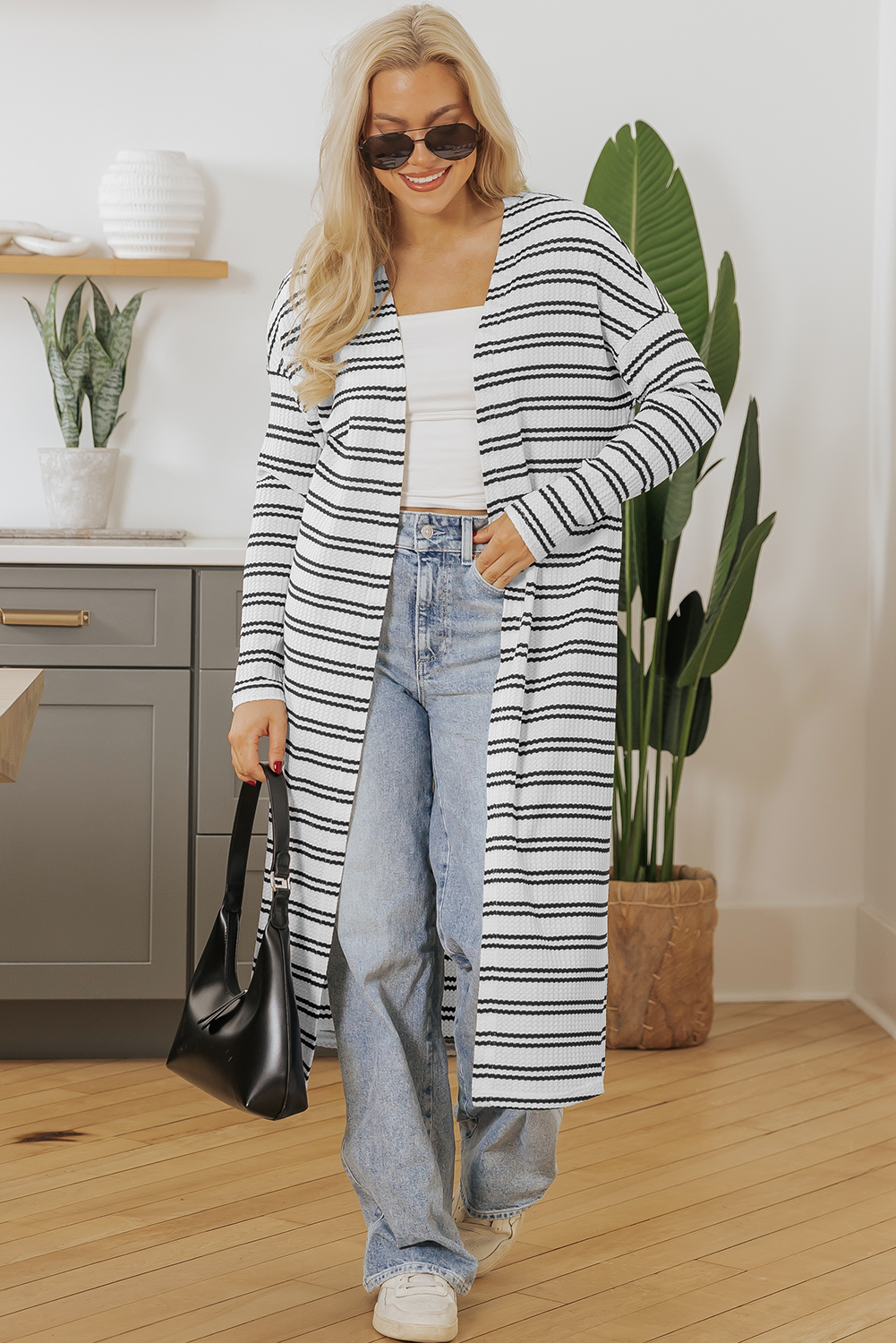 Black Stripe Print Open Front Duster Cardigan - loveforevers
