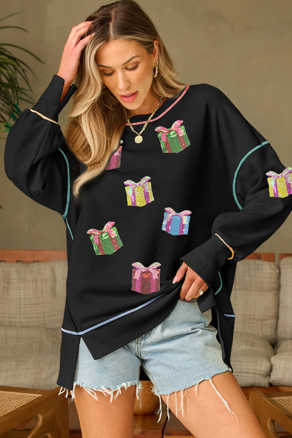 Black Contrast Trim Sequin Patched Christmas Gift Baggy Sweatshirt - loveforevers
