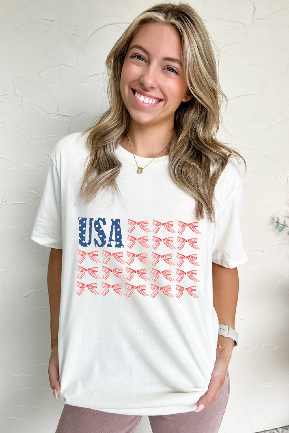 White USA Flag Bow Knot Print Round Neck T Shirt - loveforevers