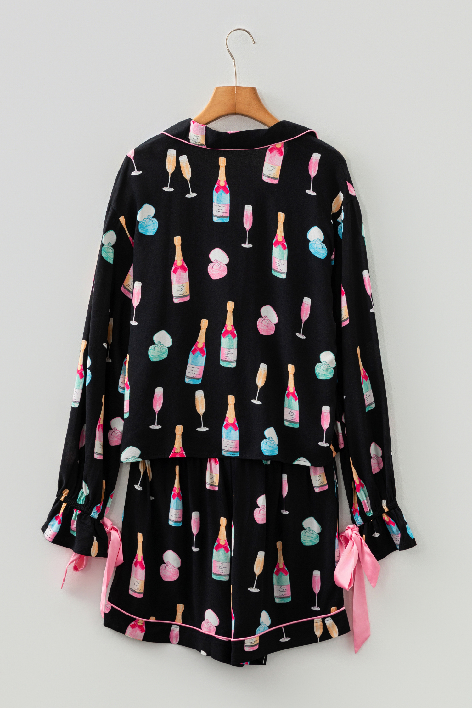 White Christmas Wine Glass Print Bow Knot Two Piece Pajama Set - loveforevers