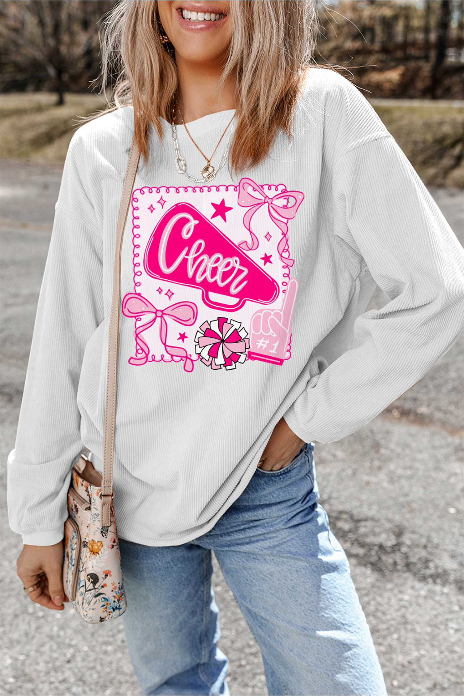 White 3D Ribbed Coquette Cheer Game Day Sweatshirt - loveforevers