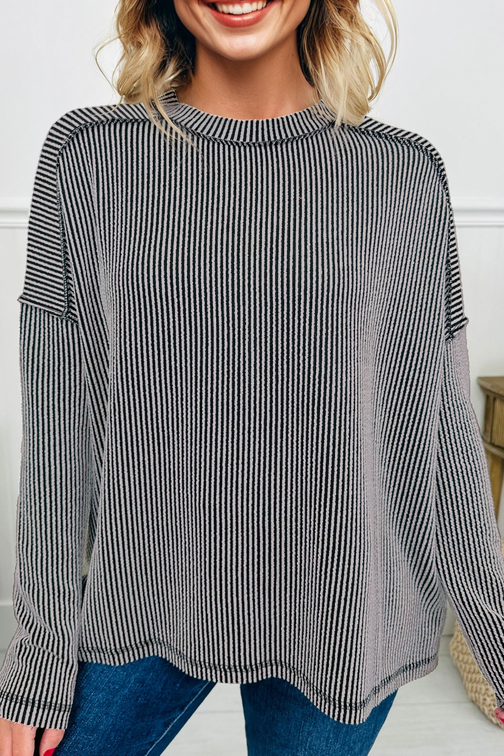 Dark Khaki Twist Ribbed Exposed Seam Detail Long Sleeve Loose Top - loveforevers