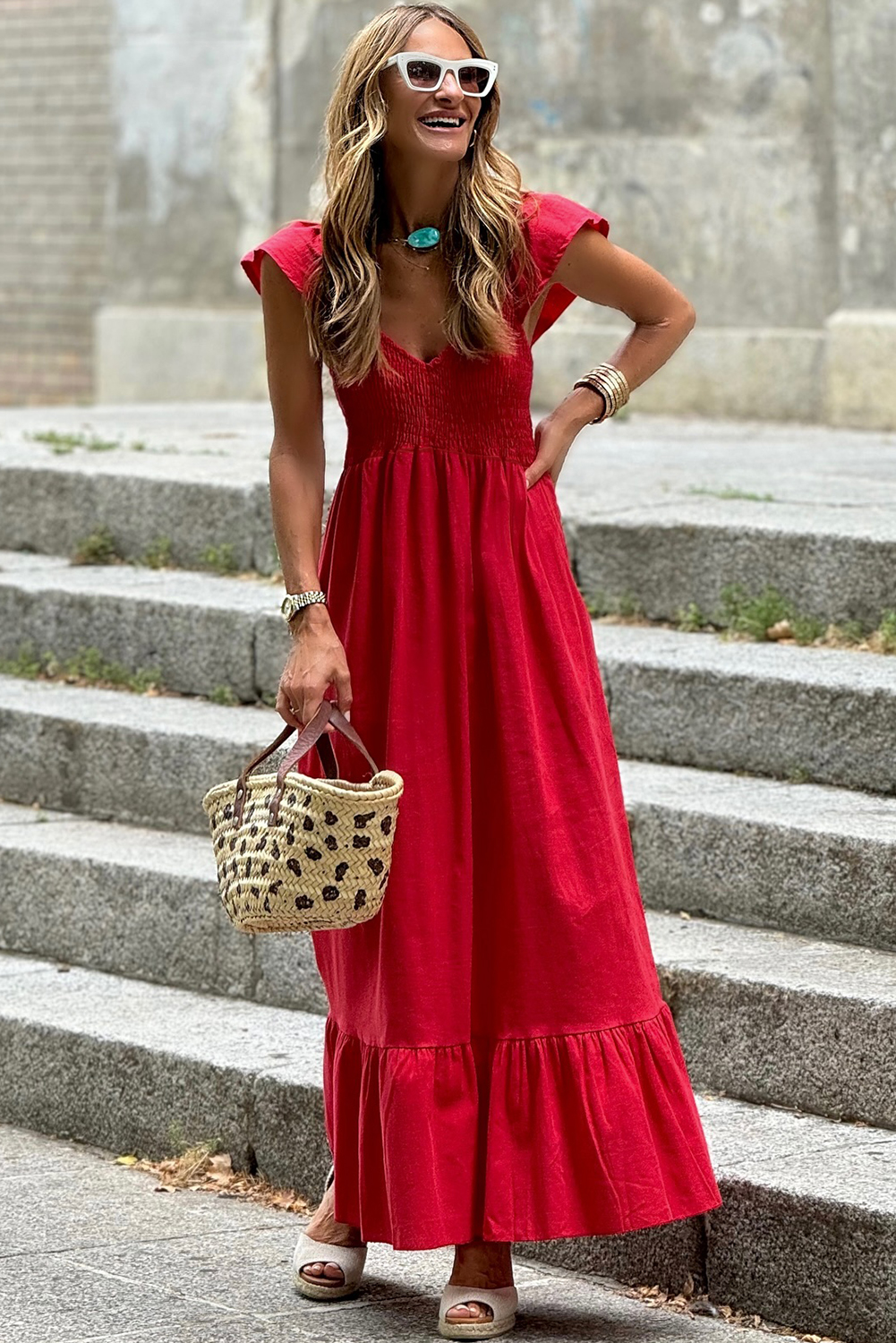 Black V Neck Flutter Sleeve Smocked Bodice High Waist Ruffle Maxi Dress - loveforevers