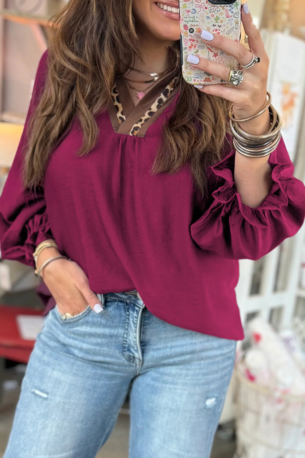 Dirty blue Leopard Trim V Neck Flounced Bracelet Sleeve Blouse - loveforevers