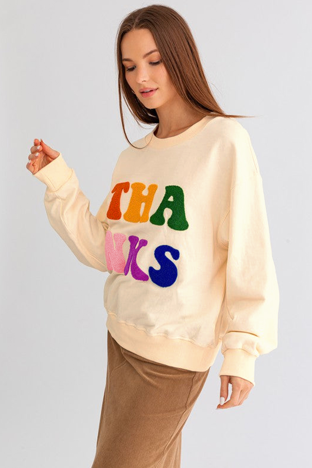 Apricot THANKS Chenille Embroidered Drop Shoulder Graphic Sweatshirt - loveforevers