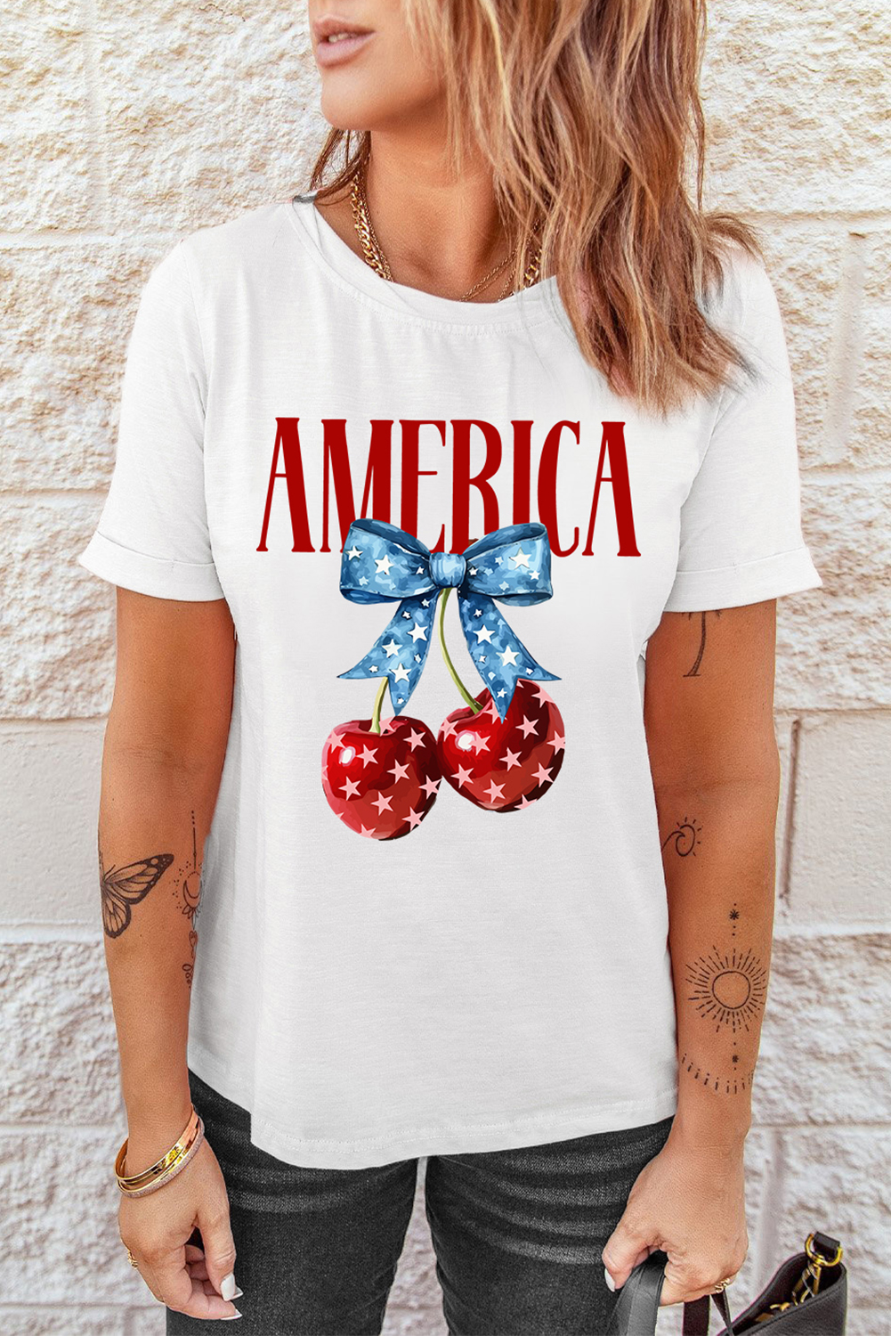 White AMERICA Bow Cherry Print Crewneck T Shirt - loveforevers