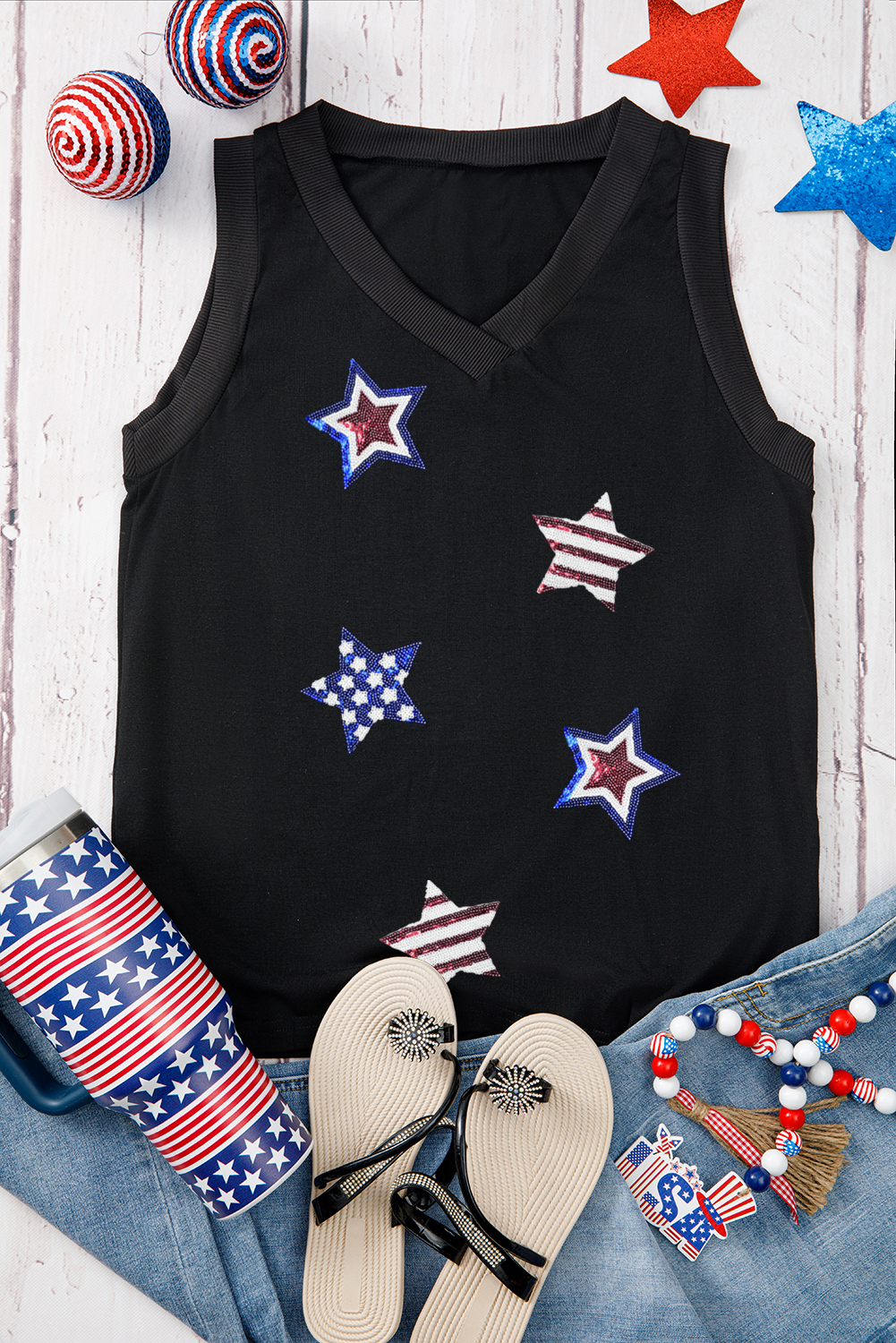Black July 4th Sequin Star Patched V Neck Tank Top - loveforevers