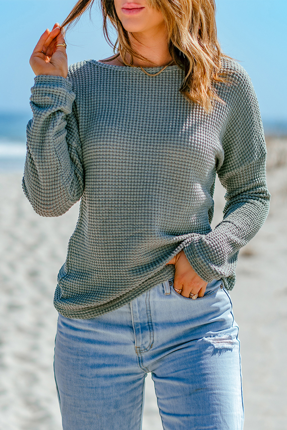 Green Waffle Knit Drop Shoulder Long Sleeve Top - loveforevers