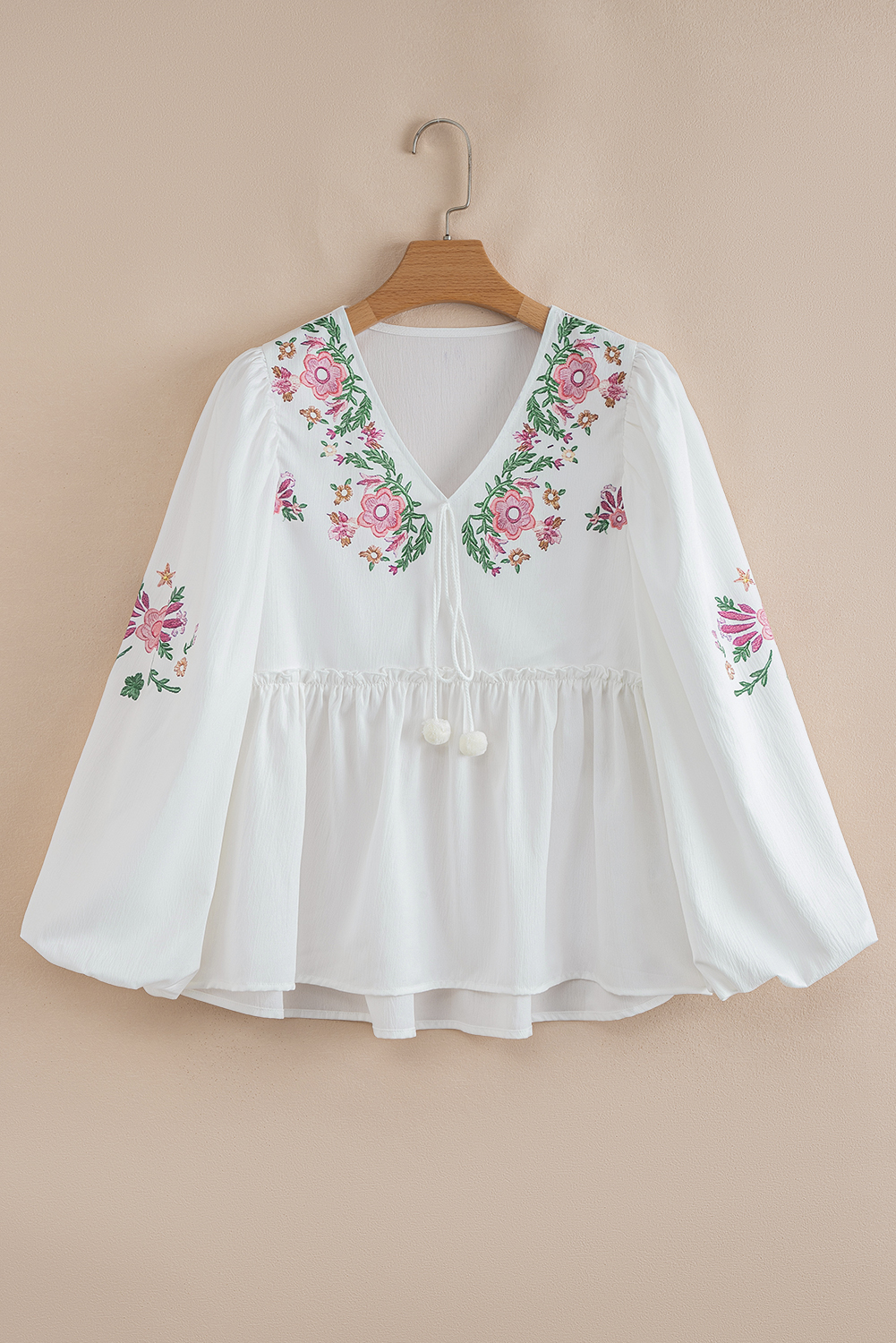 White Flower Print Lace-up V Neck Babydoll Blouse - loveforevers
