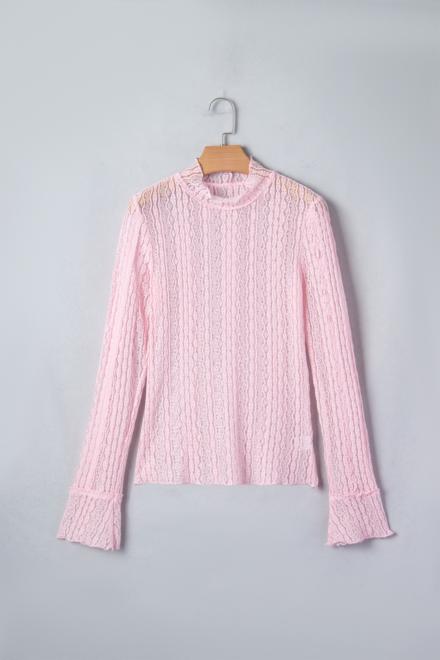 Apricot Flounced Long Sleeve Mock Neck Sheer Lace Top - loveforevers