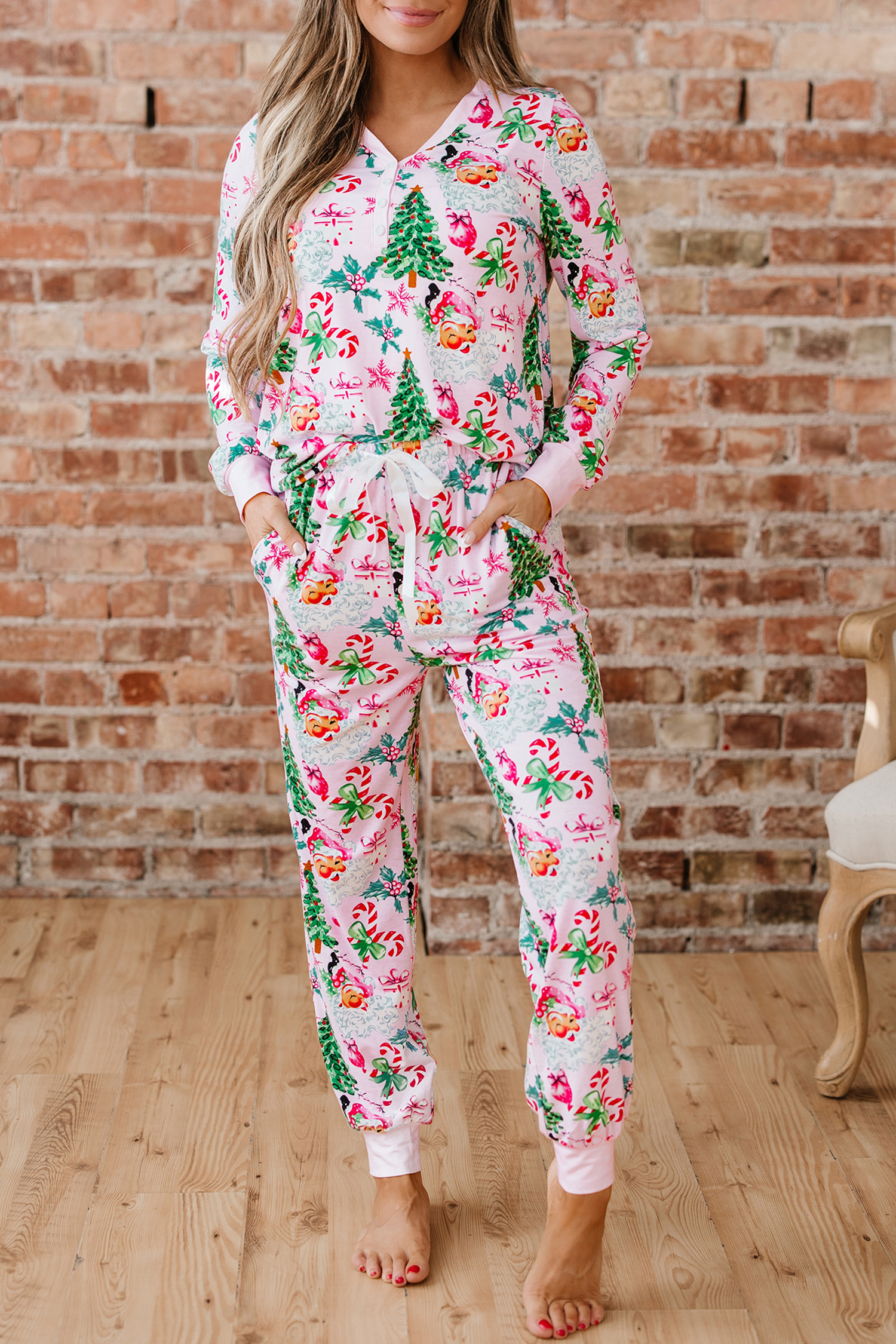 White Christmas Pattern Button V Neck Pullover Drawstring Pants 2pcs Lounge Set - loveforevers