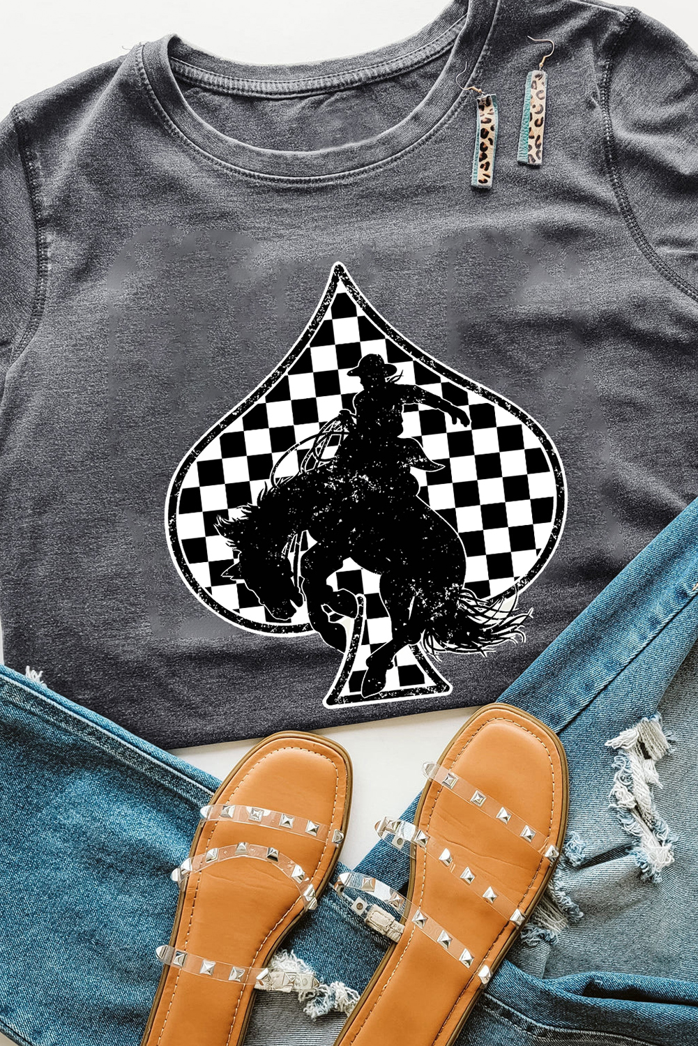 Gray Redeo Check Spades Western Graphic T Shirt - loveforevers