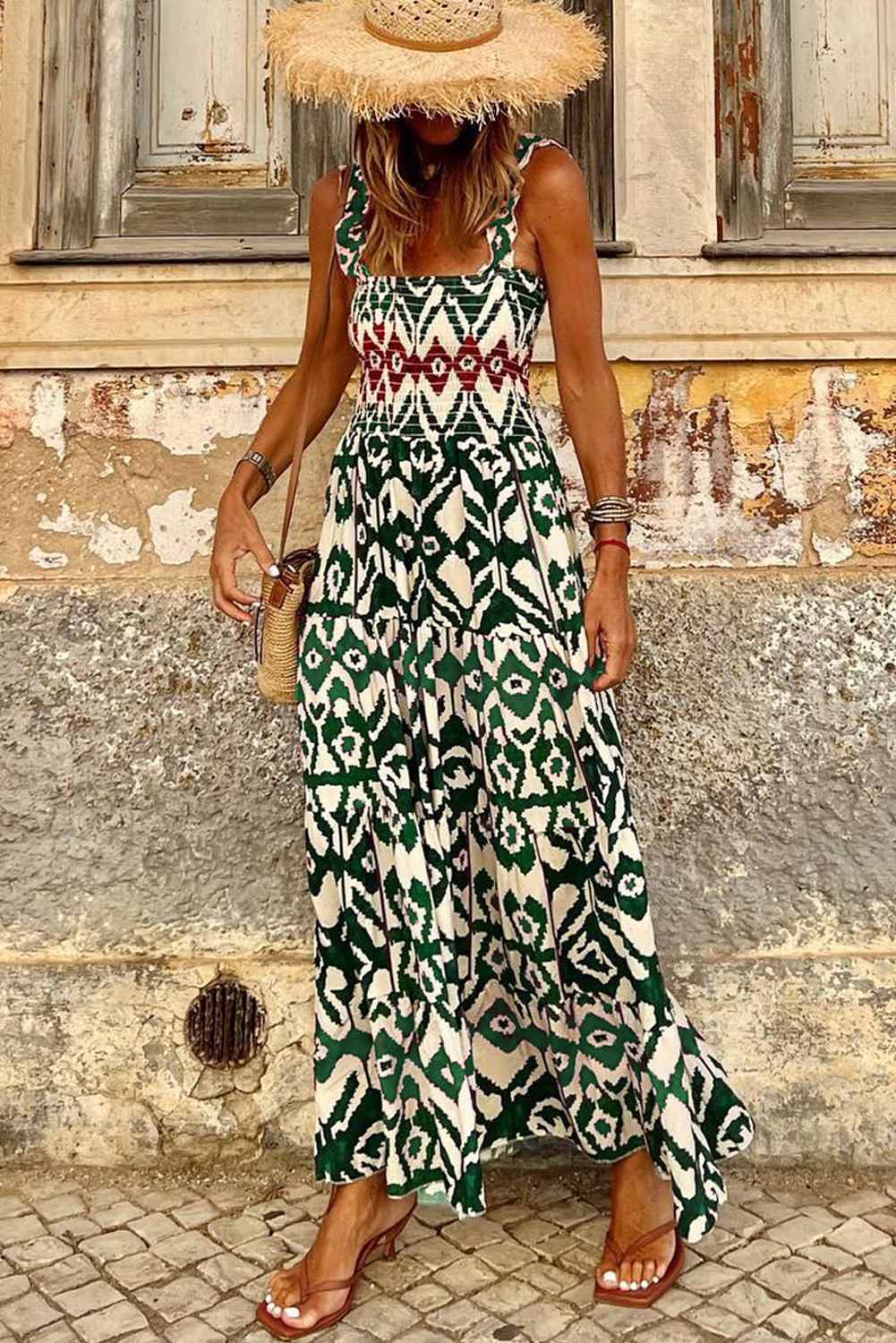 Green Western Aztec Shirred A-line Sleeveless Maxi Dress - loveforevers