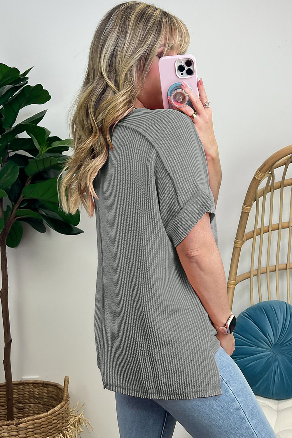 Medium Grey Twist Ribbed Sequined Bow Rugby Game Day Pattern Knit T Shirt - loveforevers