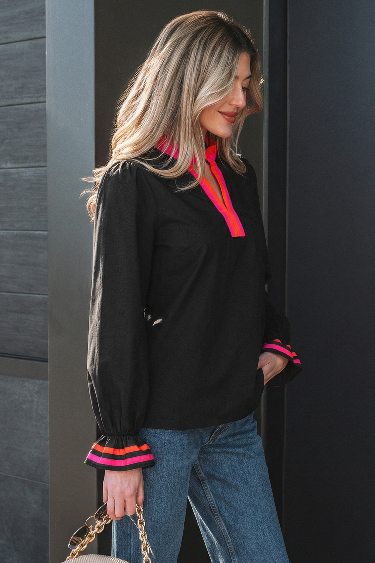 Four Leaf Clover Striped Trim Ruffle Split Neck Long Sleeve Blouse - loveforevers